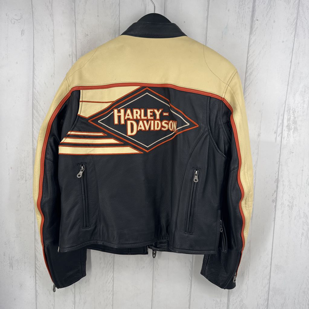 L leather zip coat w/ accent stripes & embroidered logo