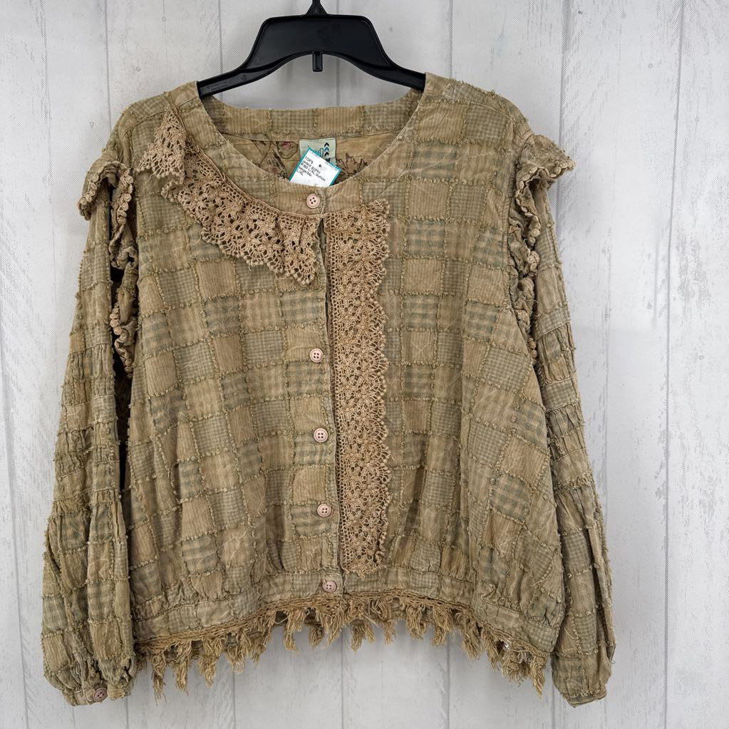 R180 L/XL button down mixed media l/s top
