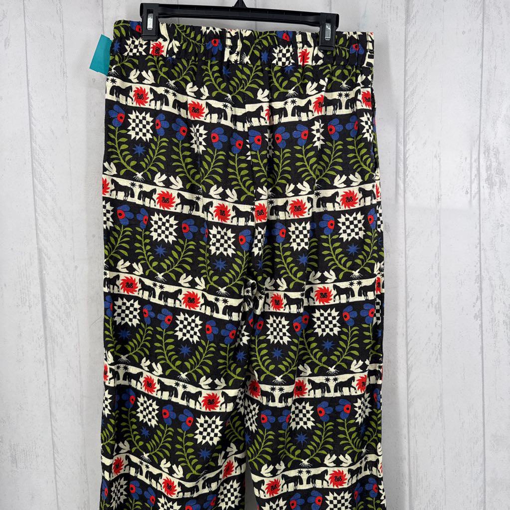 L linen mixed print wide leg pant
