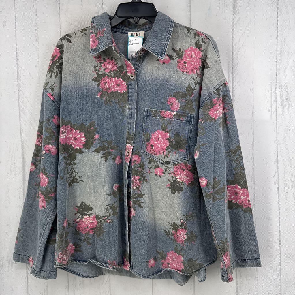 L flo print denim button down l/s top