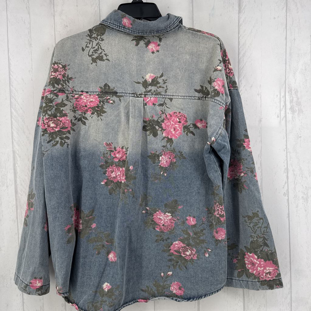 L flo print denim button down l/s top