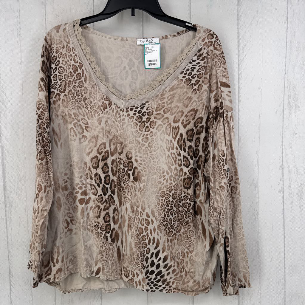 XL animal print v-neck l/s top