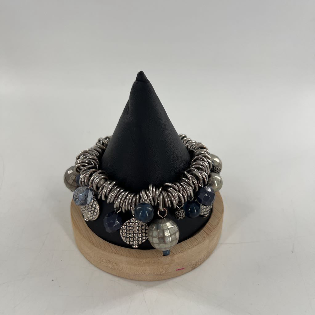 silver blue beaded stretch bracelet