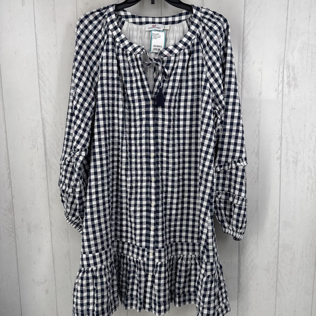 L plaid button down tassel tie l/s dress