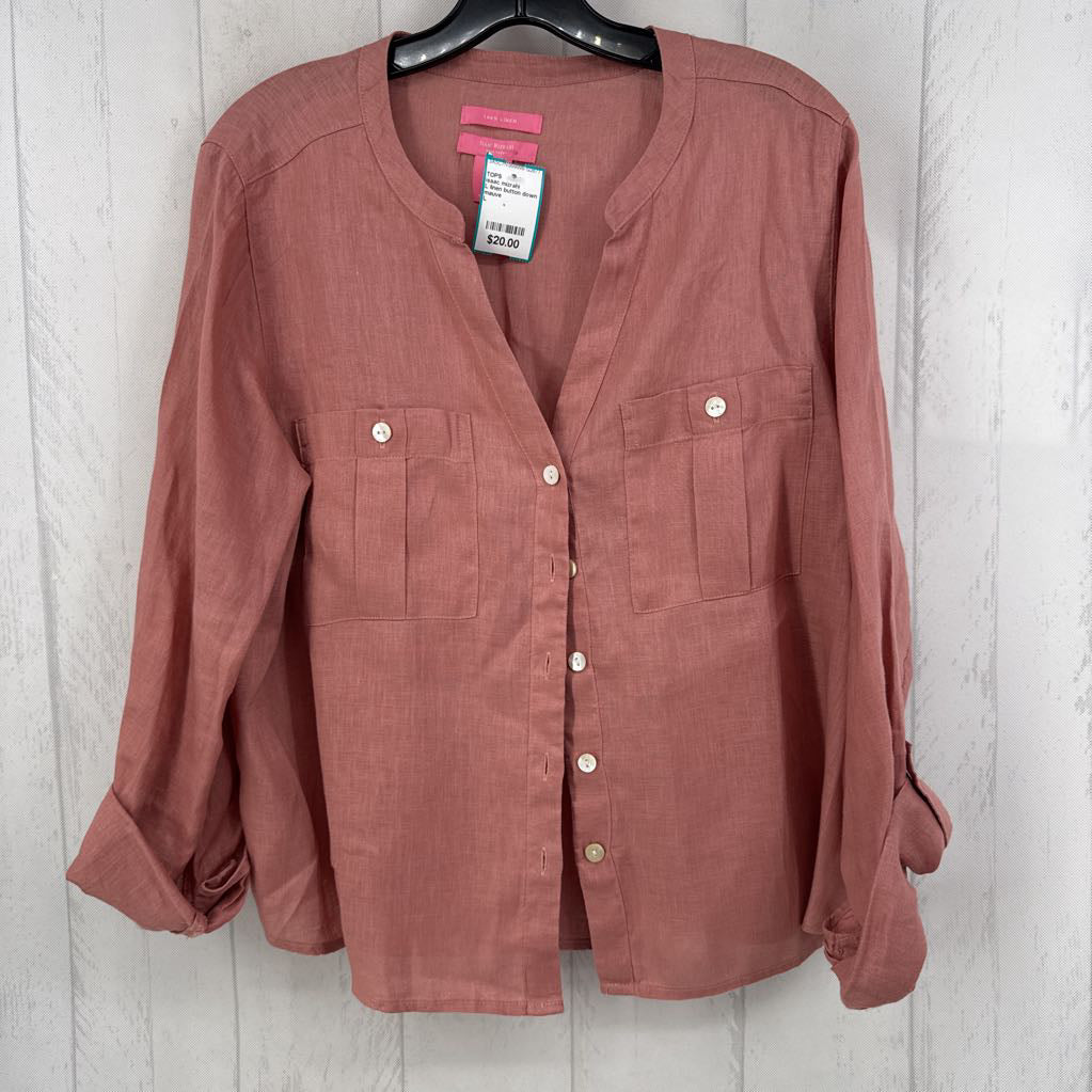 L linen button down tab slv top