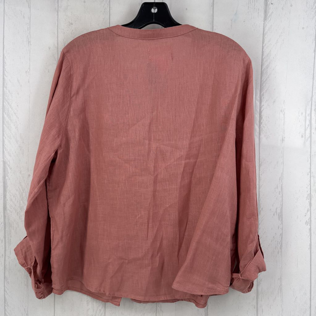 L linen button down tab slv top
