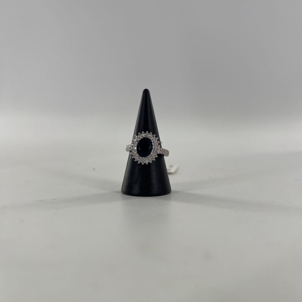 sz7 .925 oval blue stone double halo pave ring
