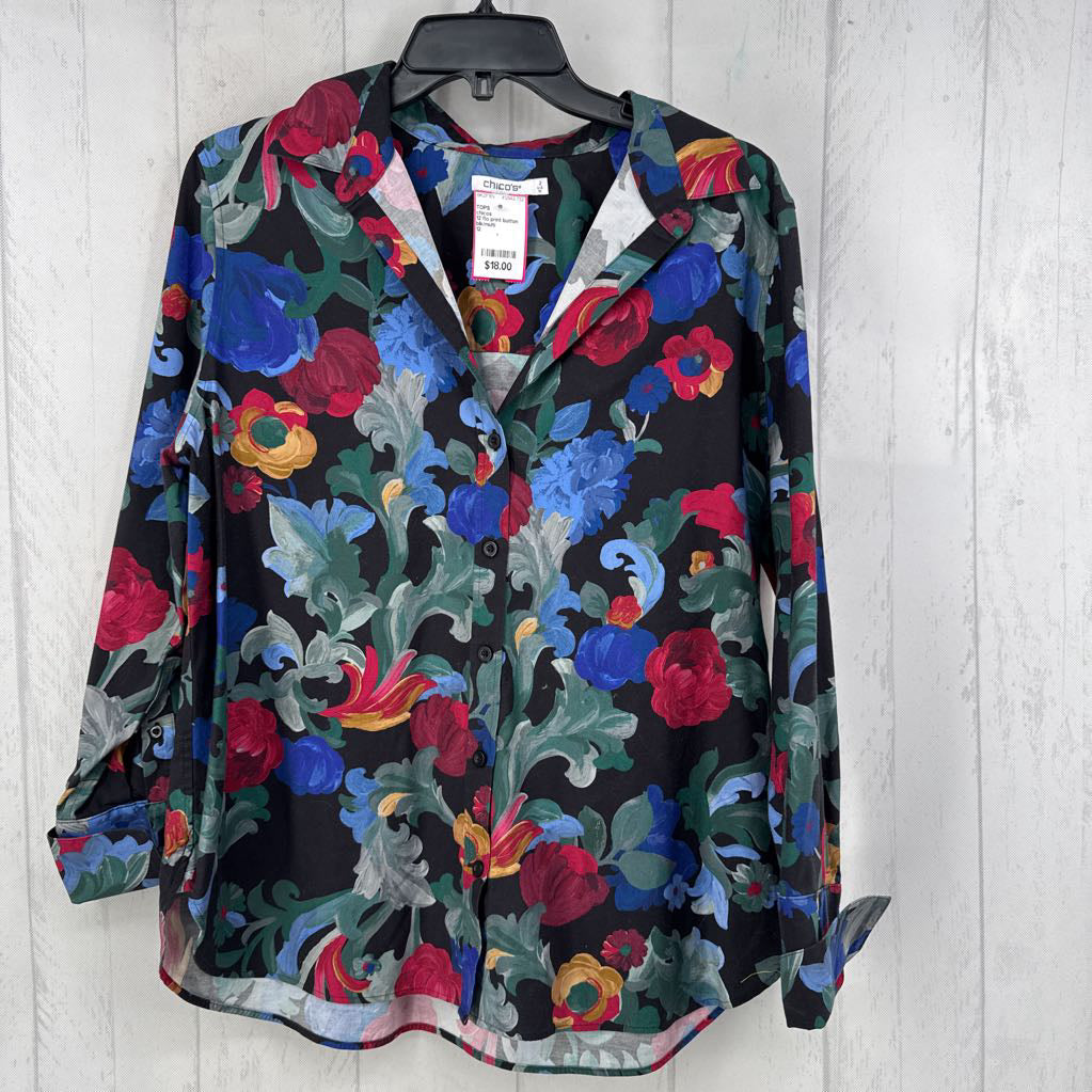 12 flo print button down l/s top