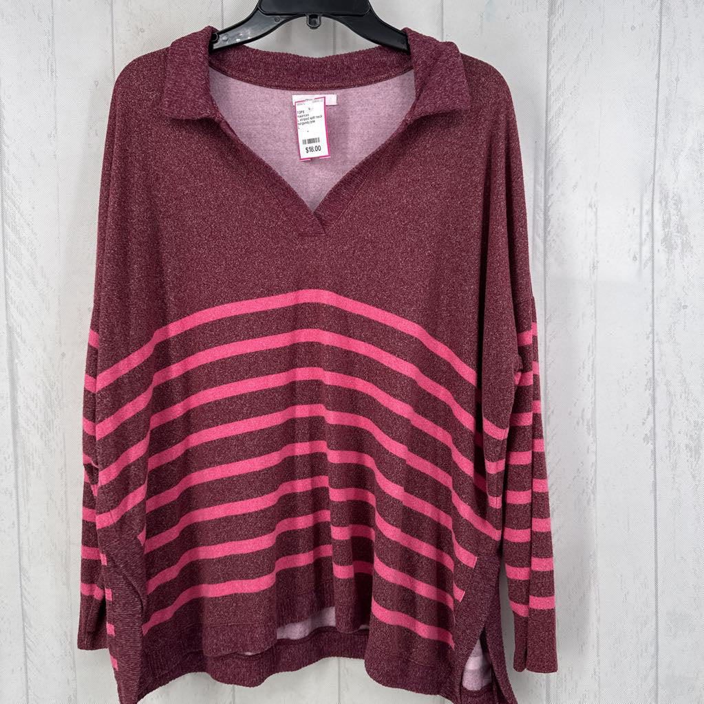 L striped split neck l/s top
