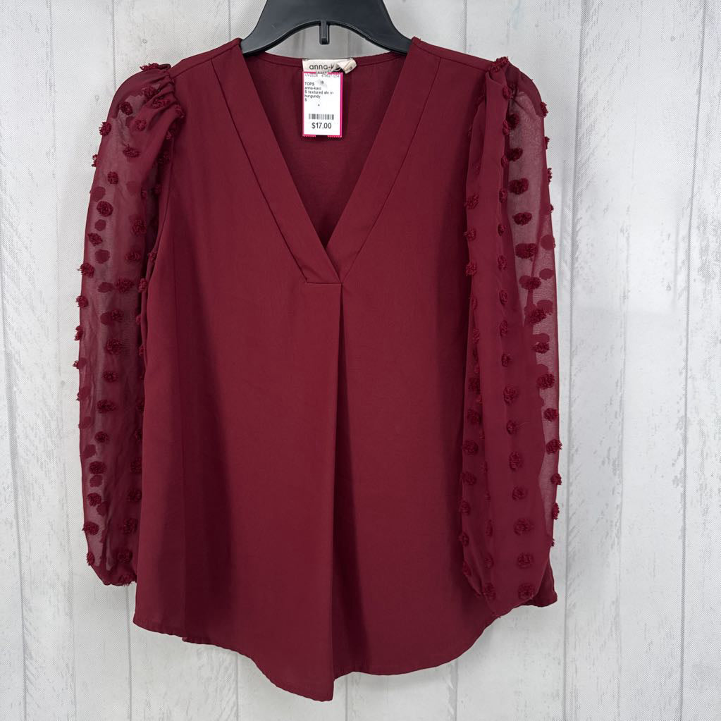 S textured slv v-neck l/s top