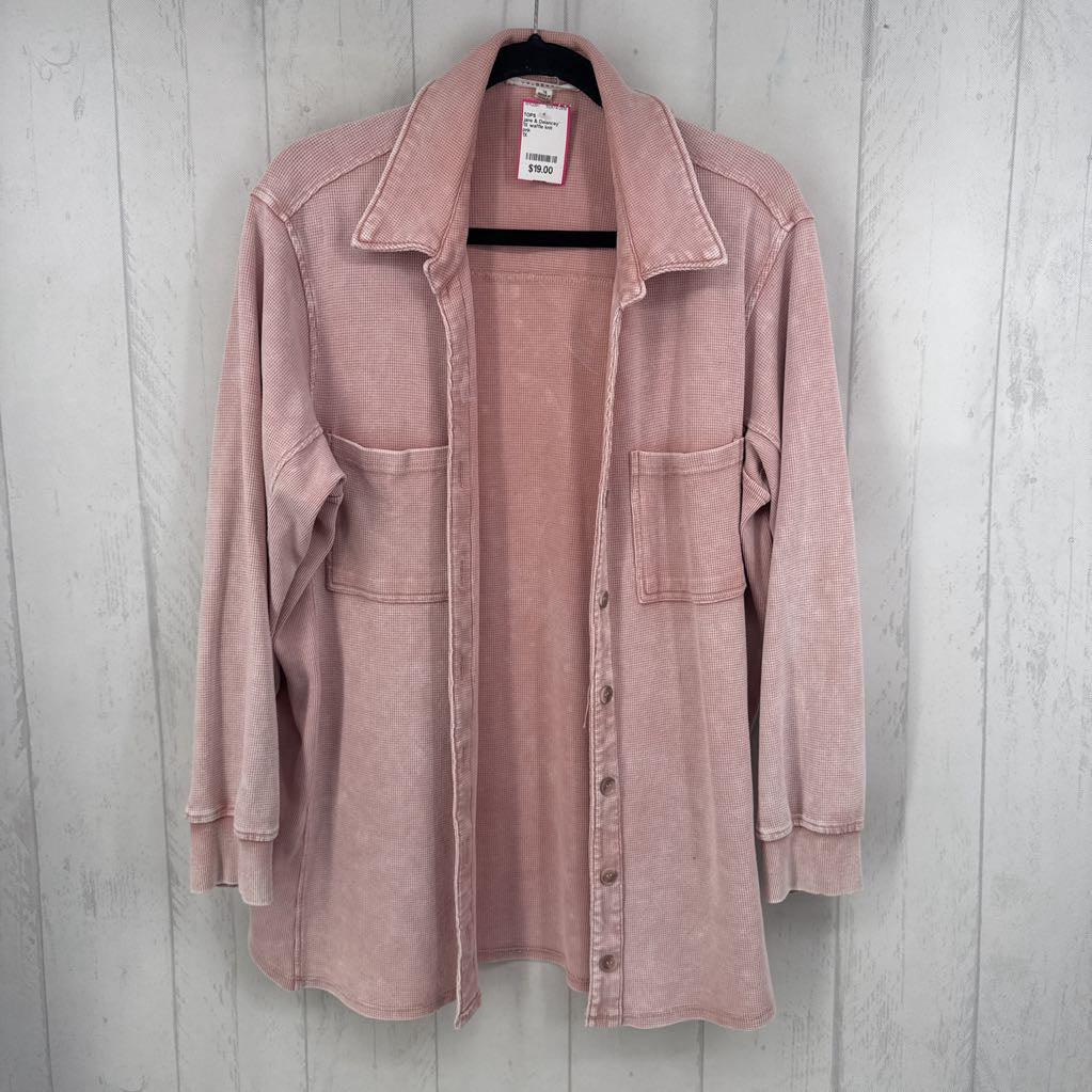 1X waffle knit button down l/s top