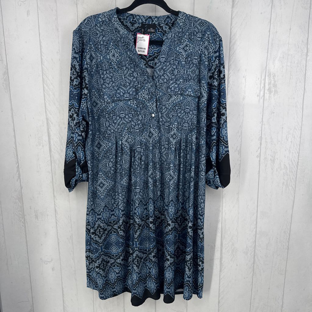 2X printed split neck tab slv dress