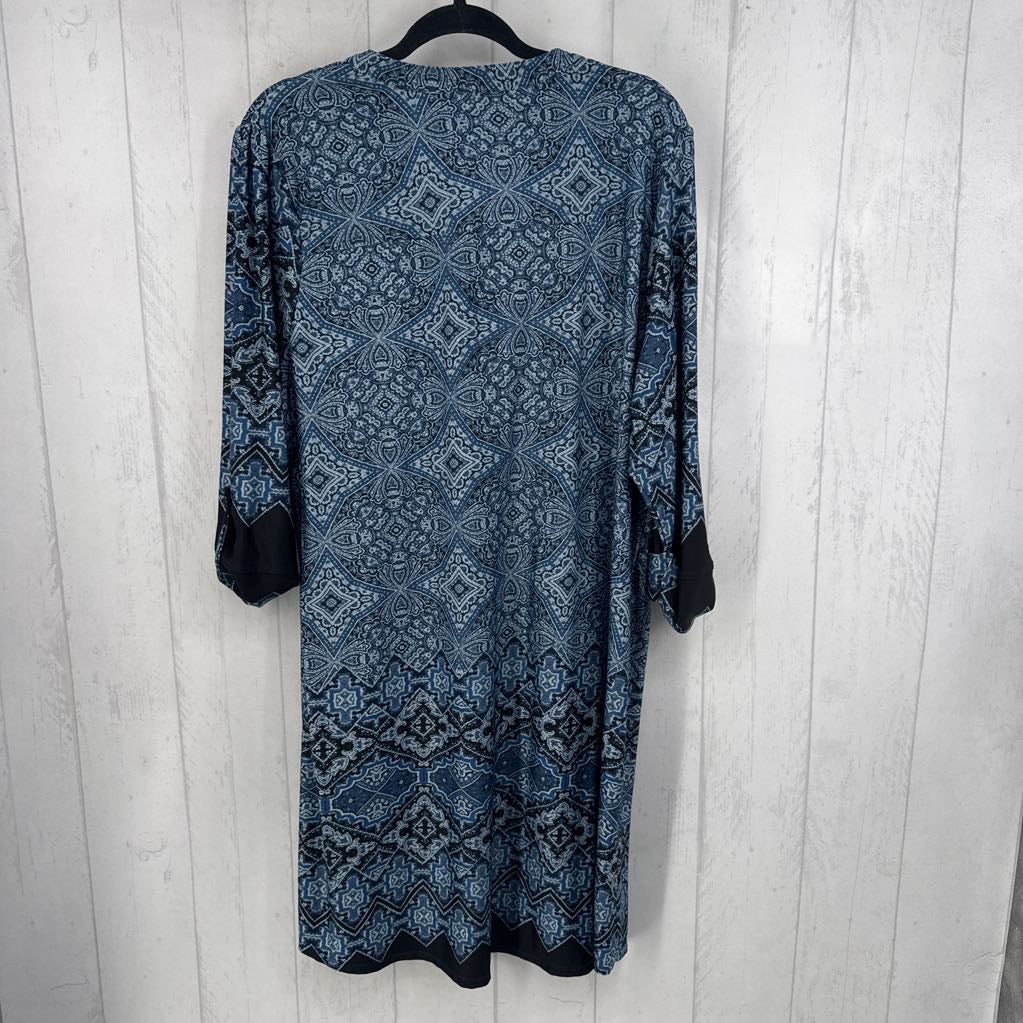 2X printed split neck tab slv dress