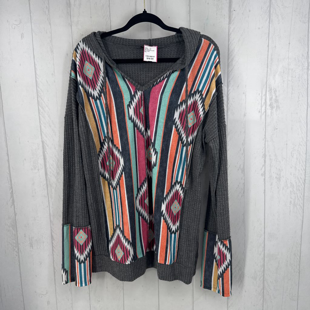 2XL mixed media hooded l/s top