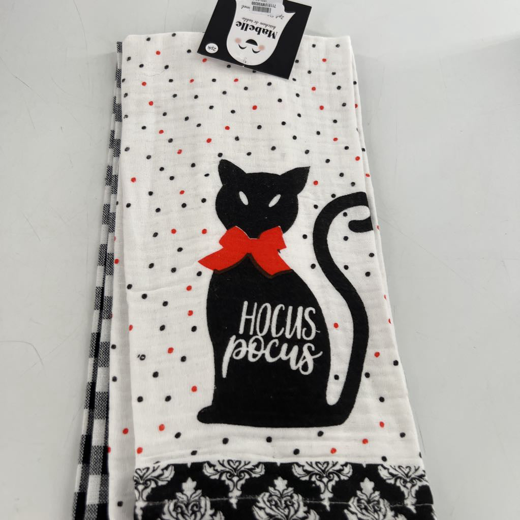 2pk hand towels-ghost & blk cat/gingham