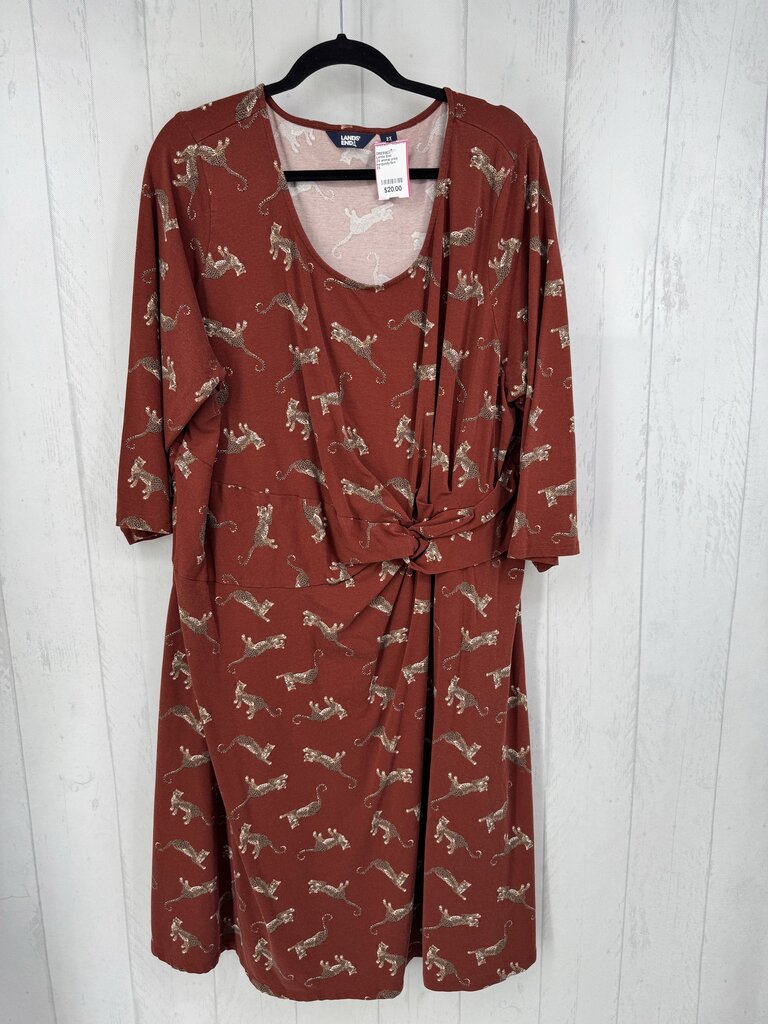 2X animal print gathered l/s dress
