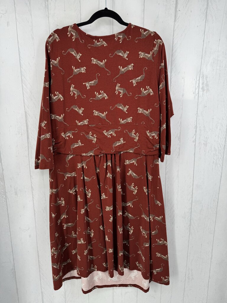 2X animal print gathered l/s dress