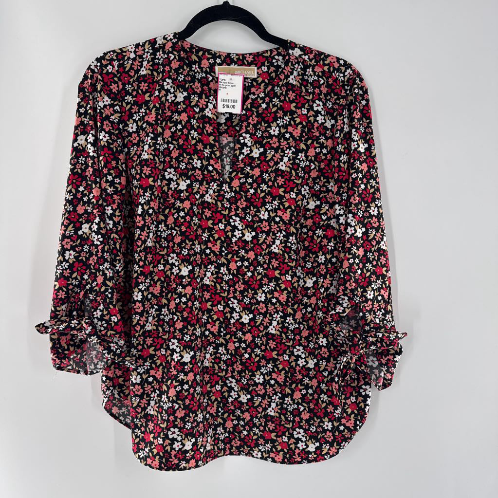 M flo print split neck 3/4 slv top