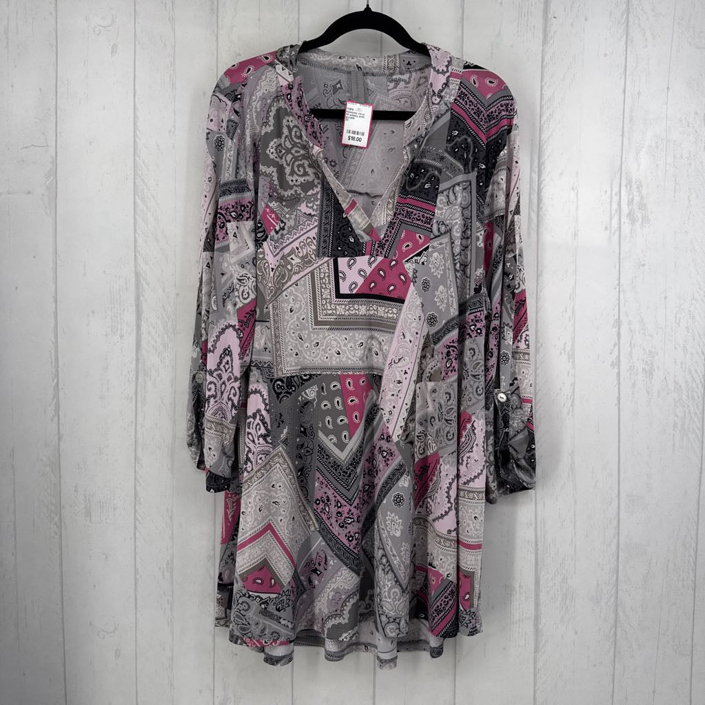 3X paisley print split neck 3/4 slv tunic