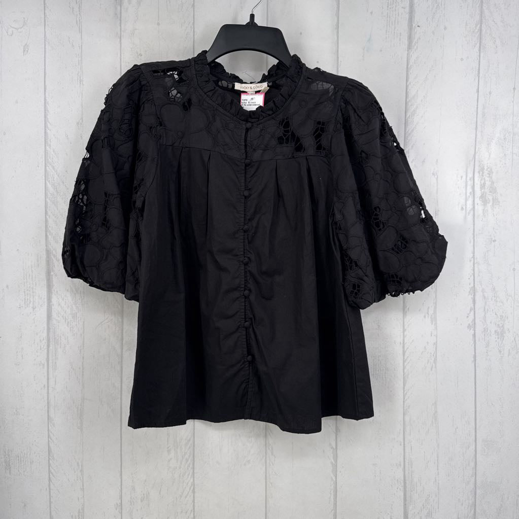 M flo embroidered slv button down s/s top