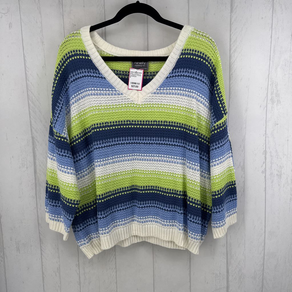 1X striped crochet v-neck sweater