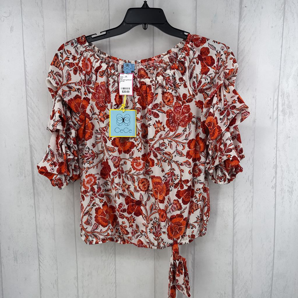 S flo print gathered slv top