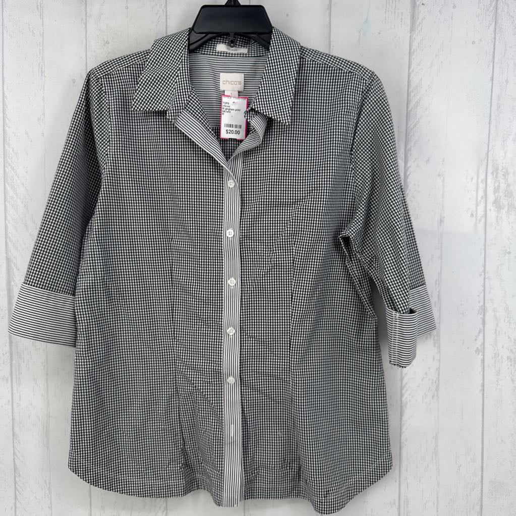 M gingham print button down elbow slv top