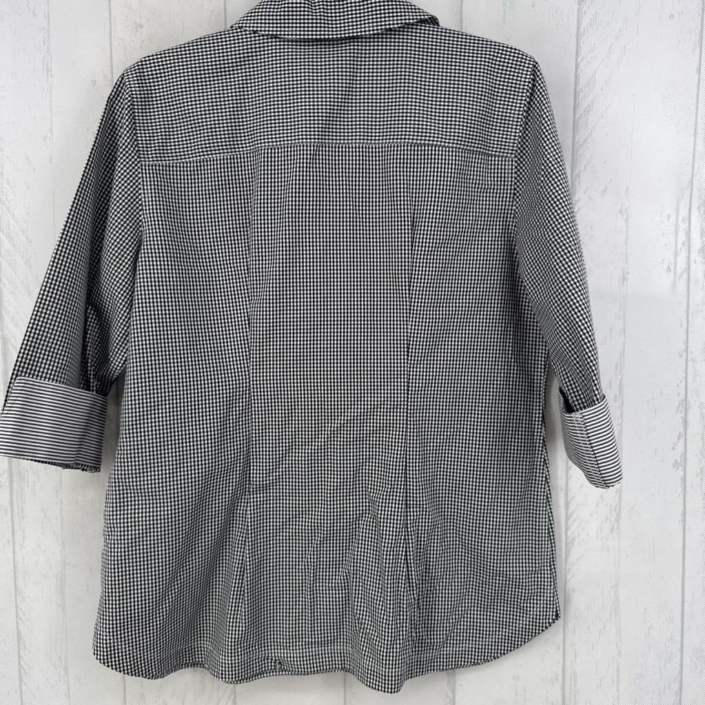M gingham print button down elbow slv top