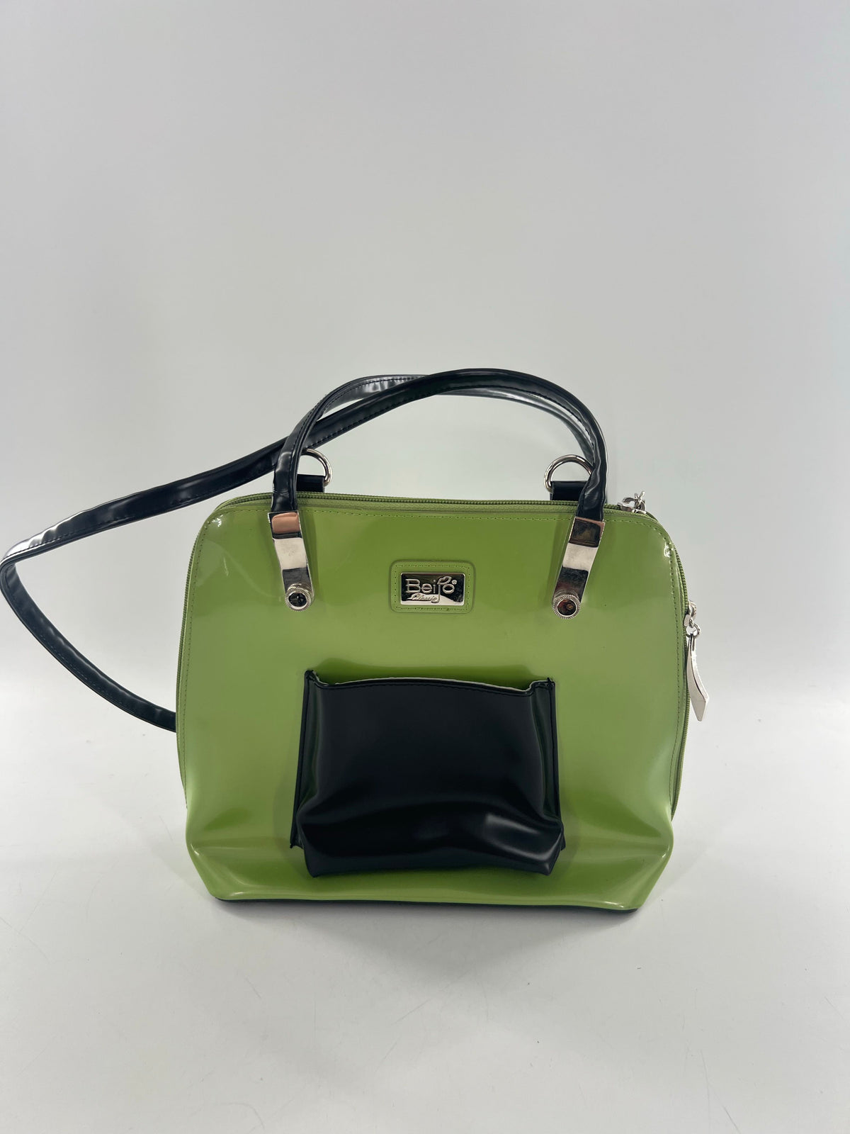 patent zip around shoulder bag w/ prominent front pocket