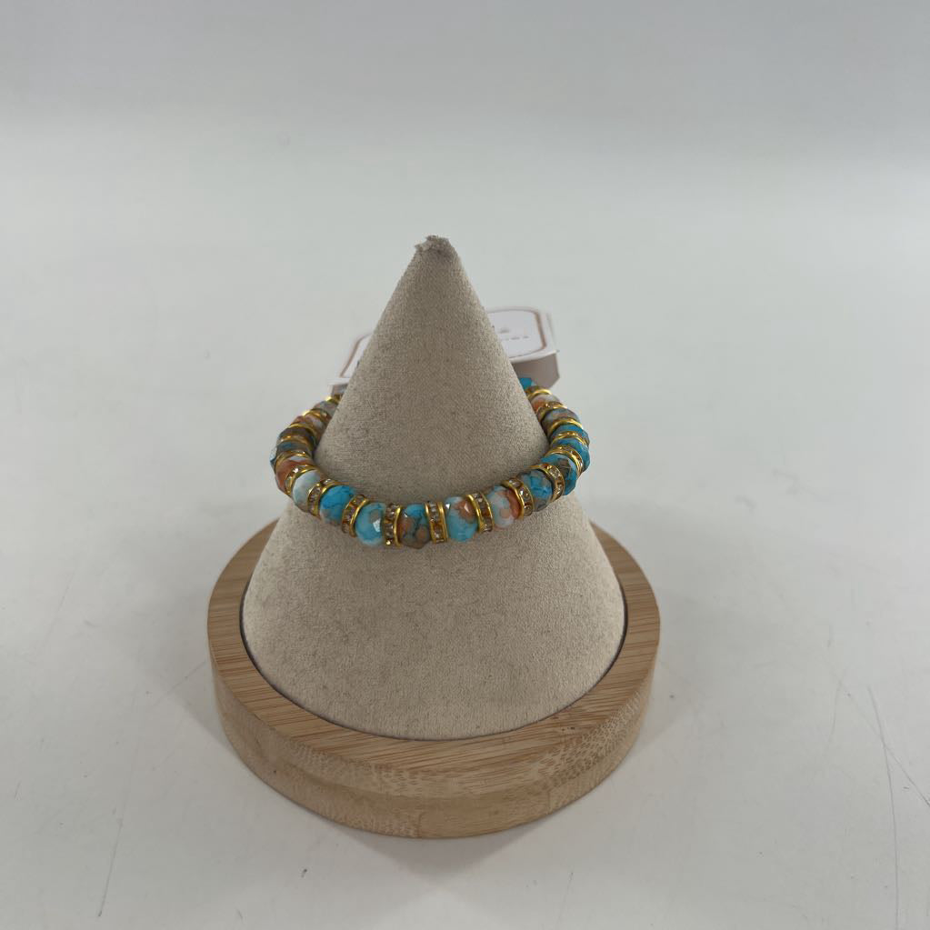 turquoise & brown stretch beaded cz bracelet
