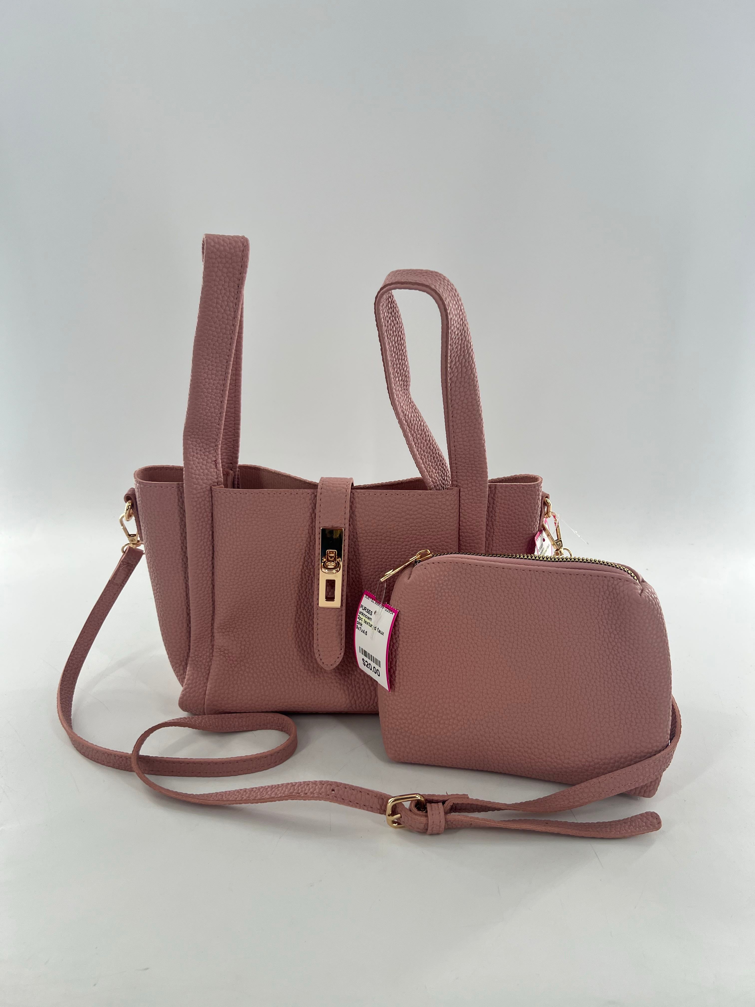 2pc textured faux leather double top handle turnlock closure handbag w/ pouch