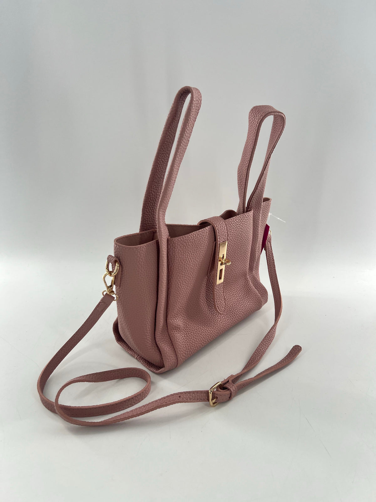2pc textured faux leather double top handle turnlock closure handbag w/ pouch