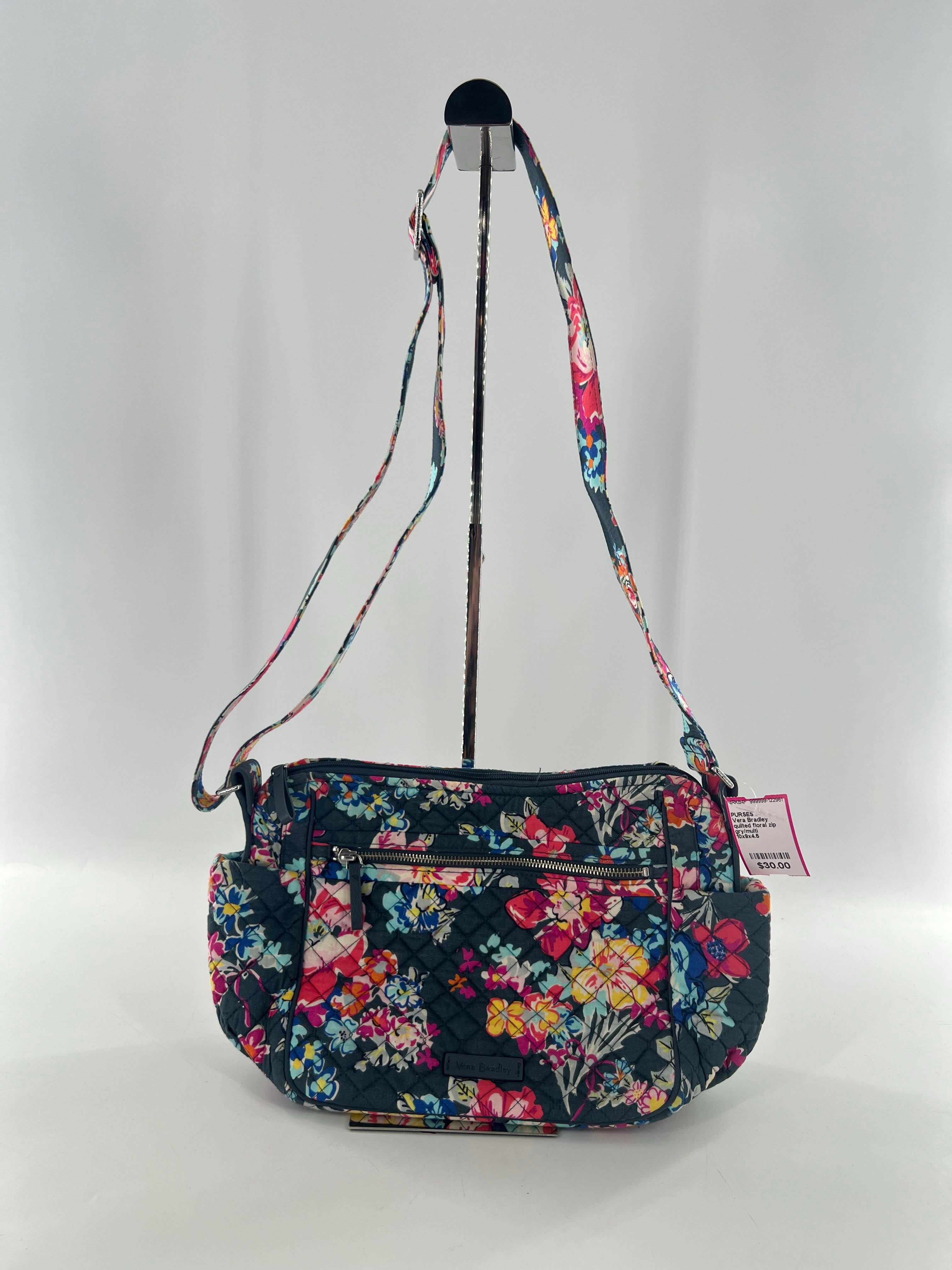 quilted floral zip front pocket crossbody