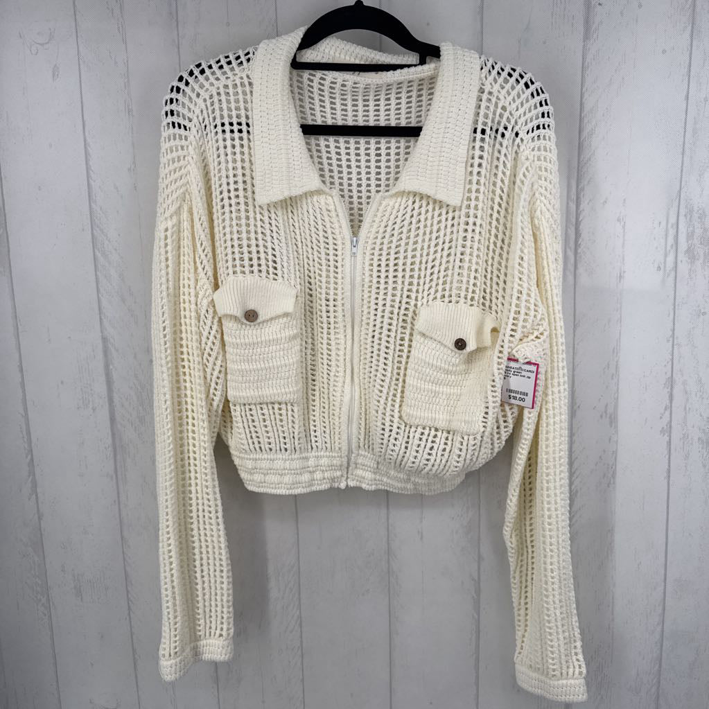 S l/s open knit zip cardigan