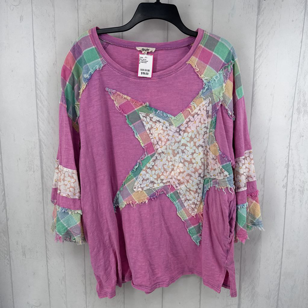 M distressed patchwork star applique & mixed plaid patterns 3/4 slv top