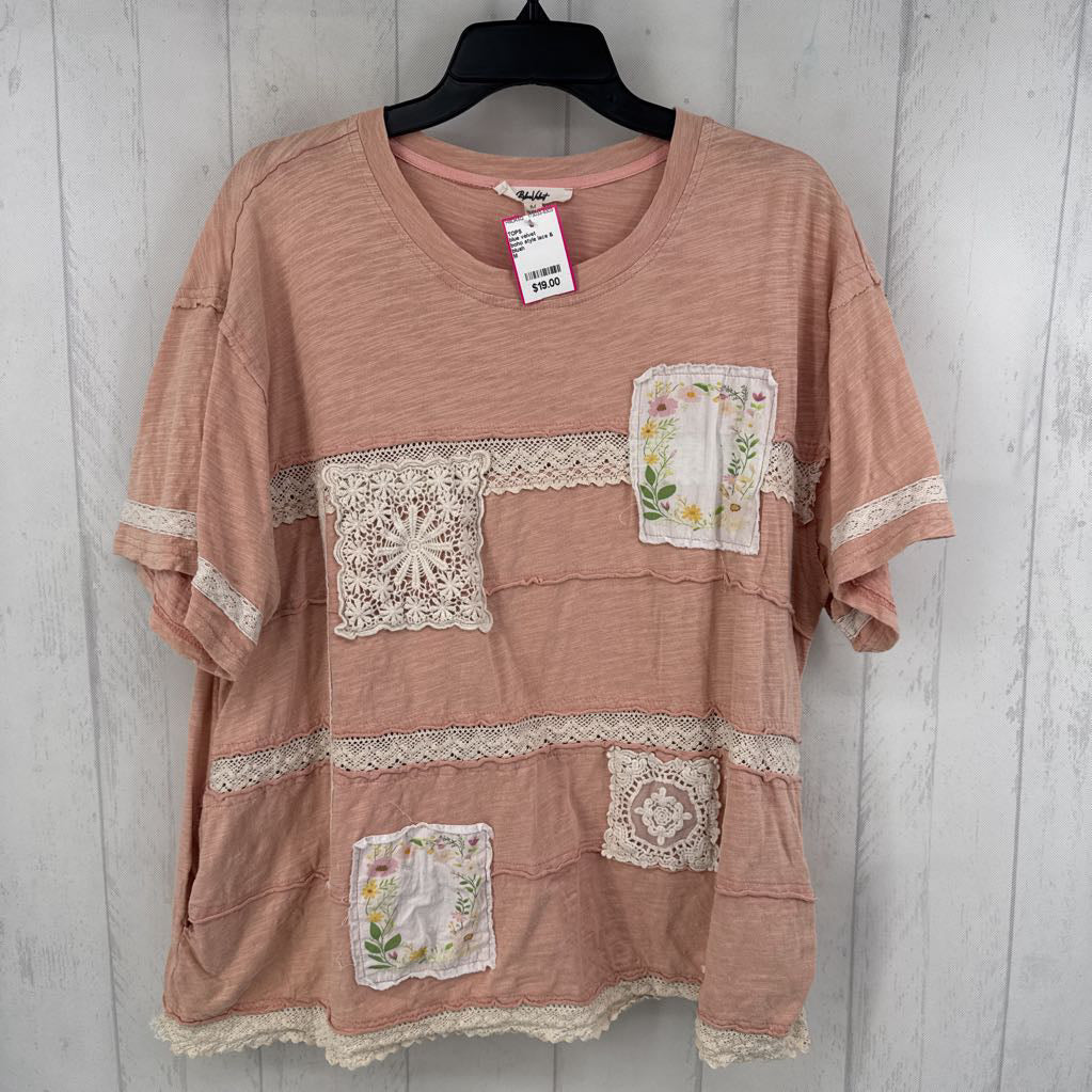 boho style lace & embroidered patches s/s top