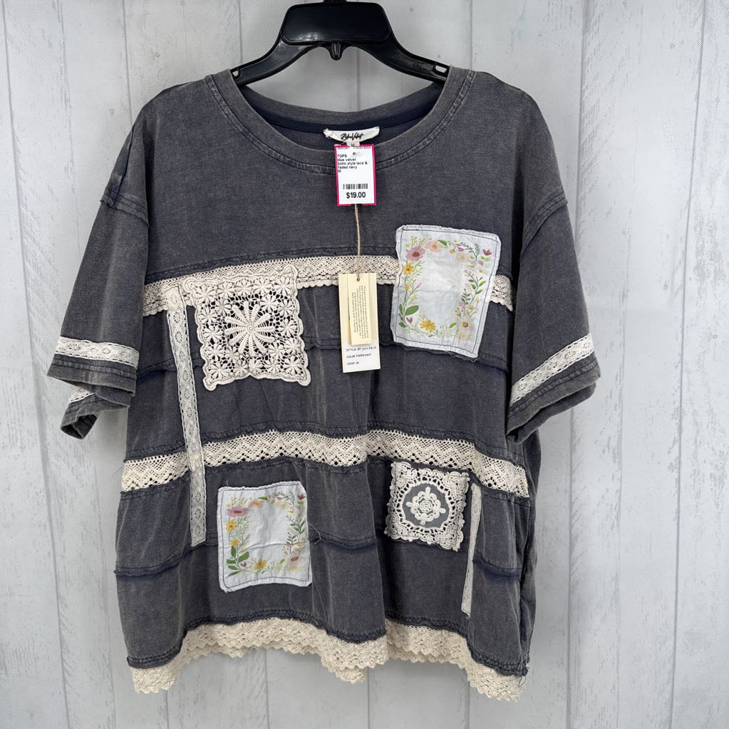 boho style lace & embroidered patches s/s top