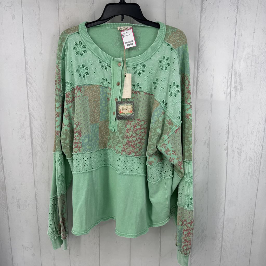 L l/s patchwork eyelet-detail button front top w/ mix floral patterns
