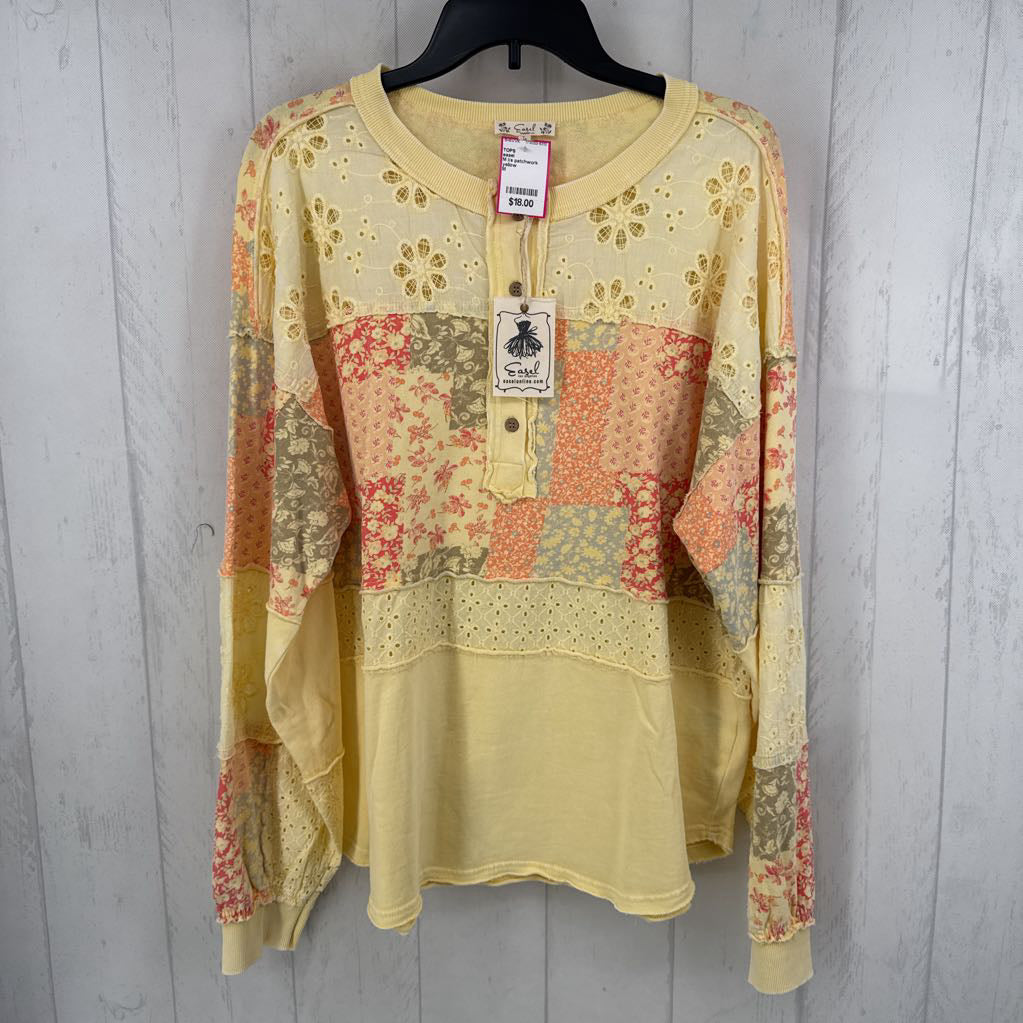M l/s patchwork eyelet-detail button front top w/ mix floral patterns