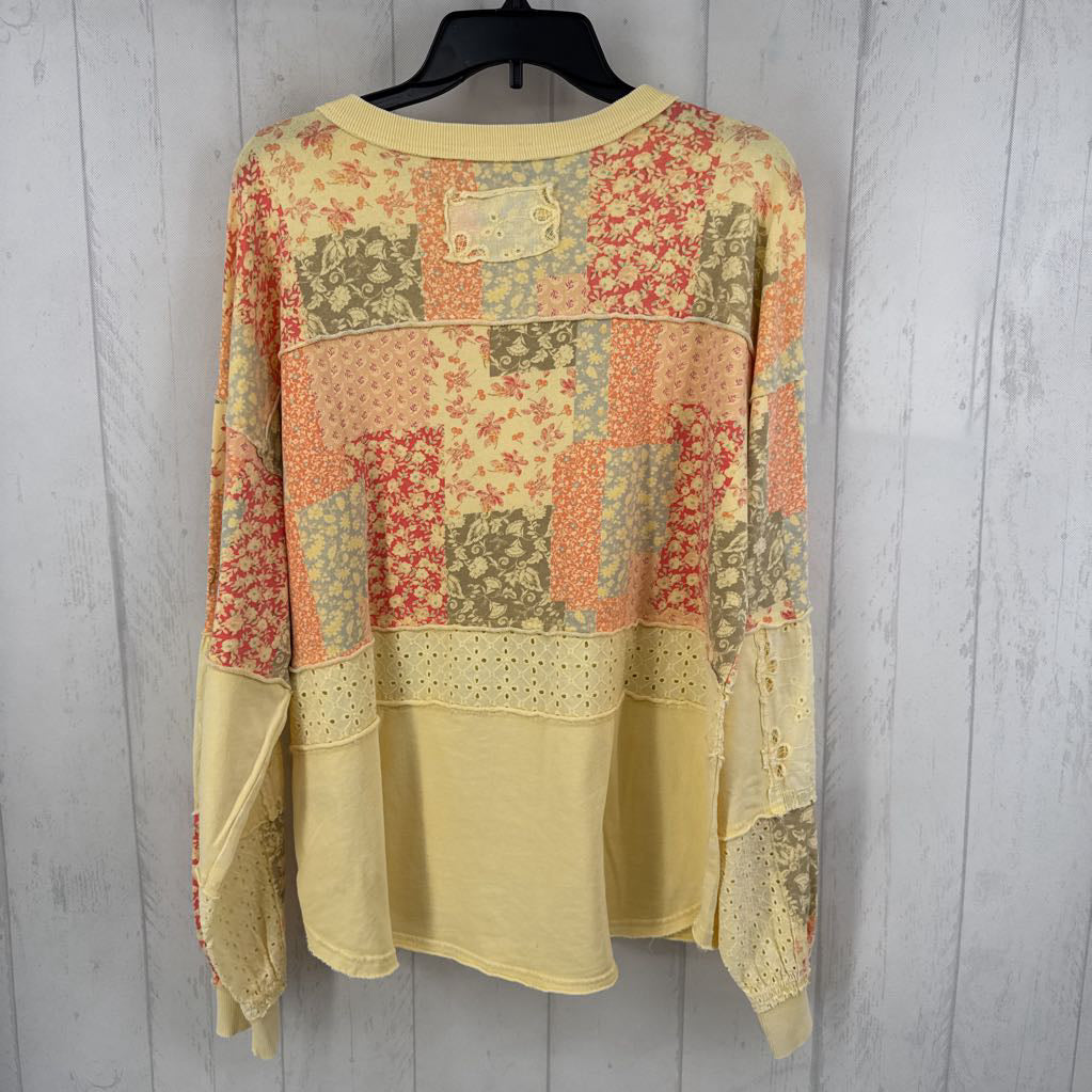 M l/s patchwork eyelet-detail button front top w/ mix floral patterns