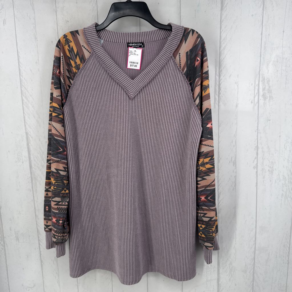 L aztec print slv ribbed top