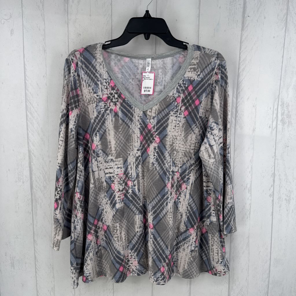 L elbow slv plaid v-neck top