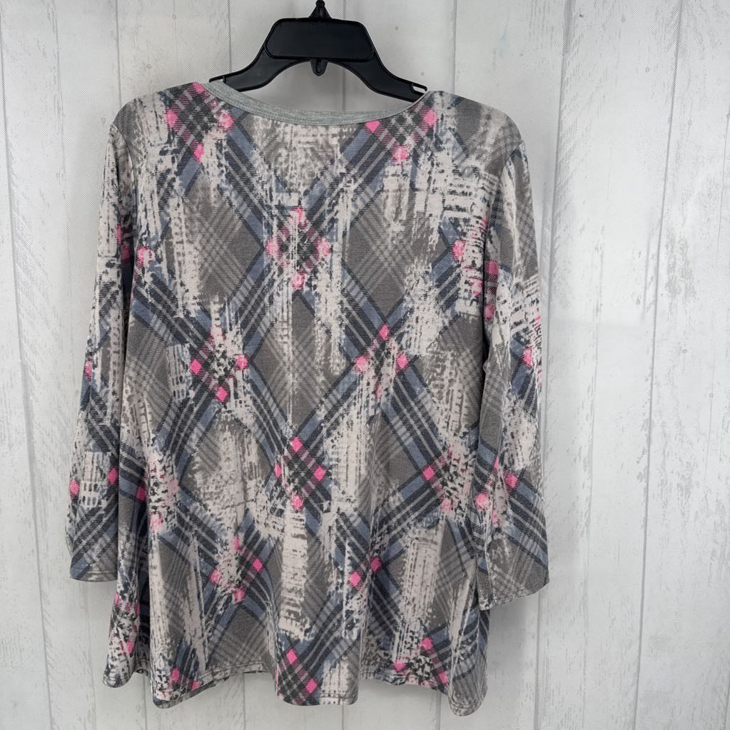 L elbow slv plaid v-neck top