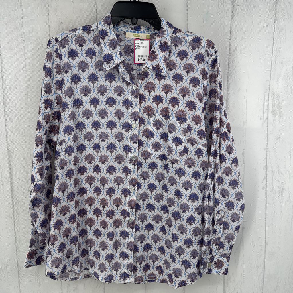 XL l/s floral block print w/ geometric trellis pattern button shirt
