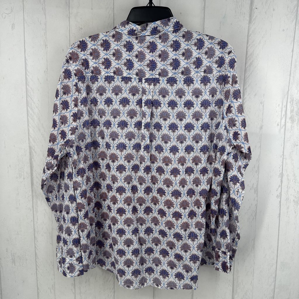 XL l/s floral block print w/ geometric trellis pattern button shirt
