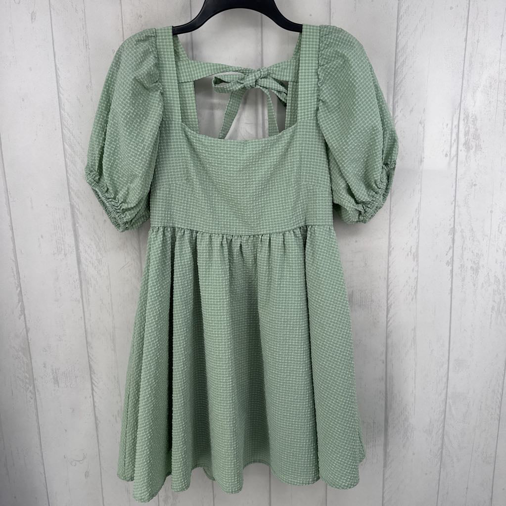 M texture puffy slv back bow dress