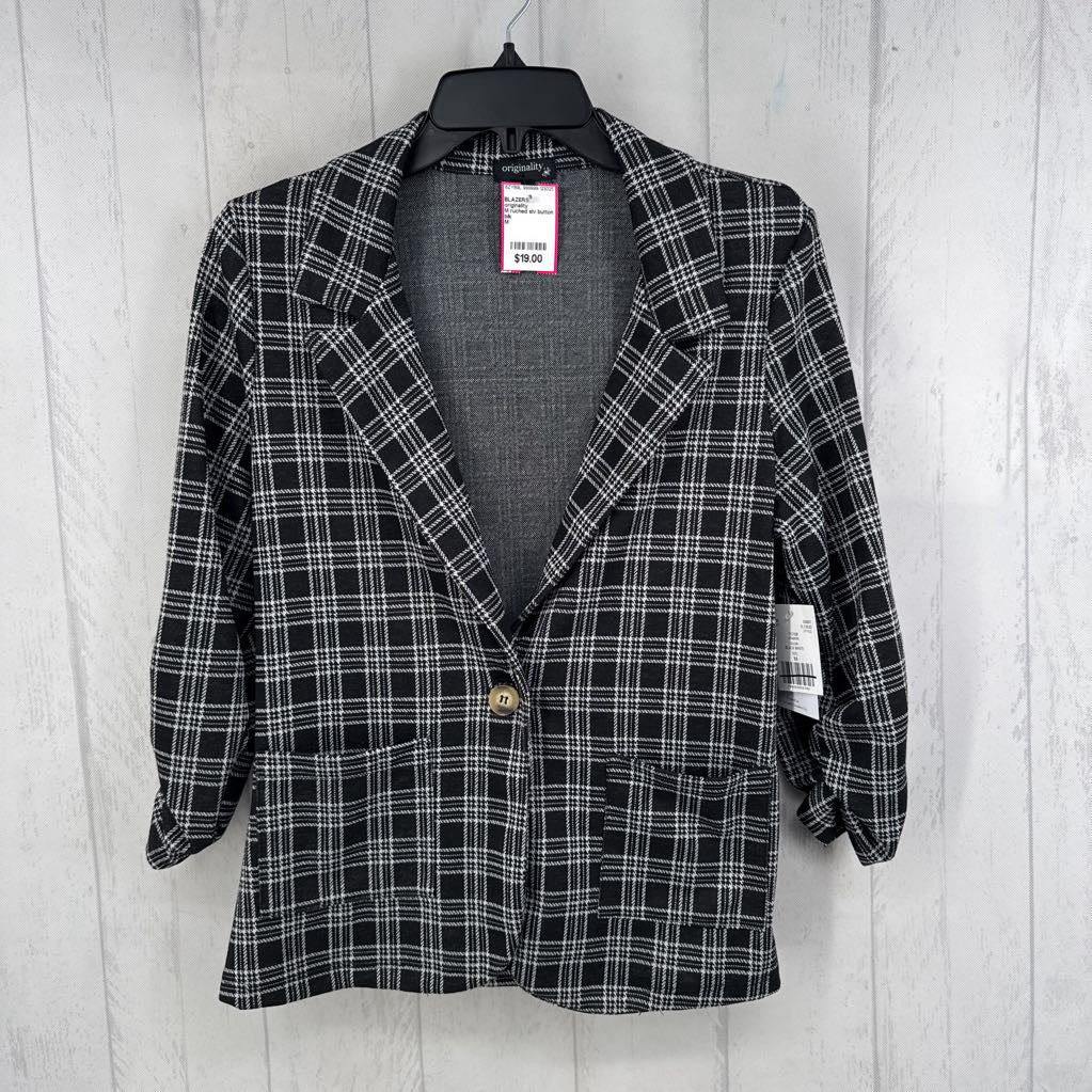 M ruched slv button plaid blazer