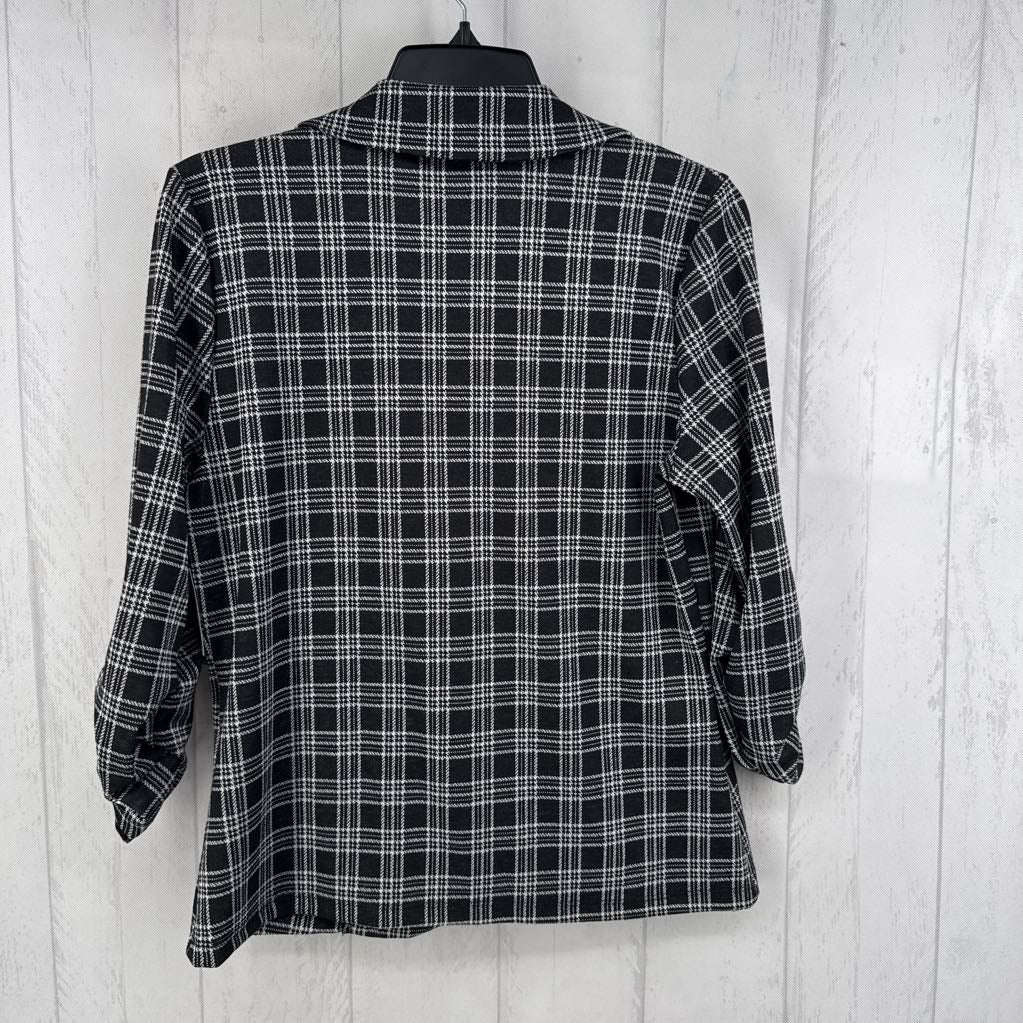 M ruched slv button plaid blazer
