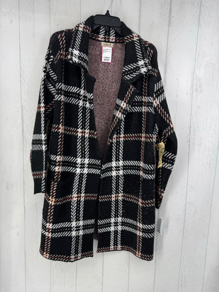R64 XL plaid front patch pockets notched collar l/s sweater coat