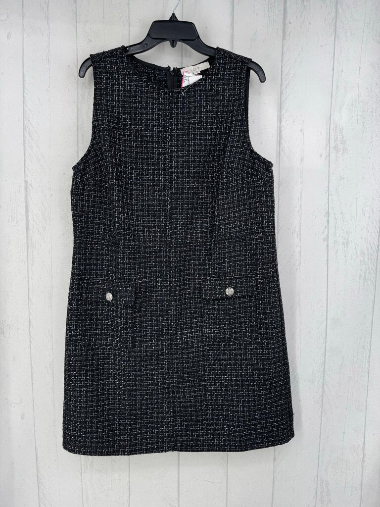R100 12 slvls tweed dress w/ textured weave metallic buttoned front pockets